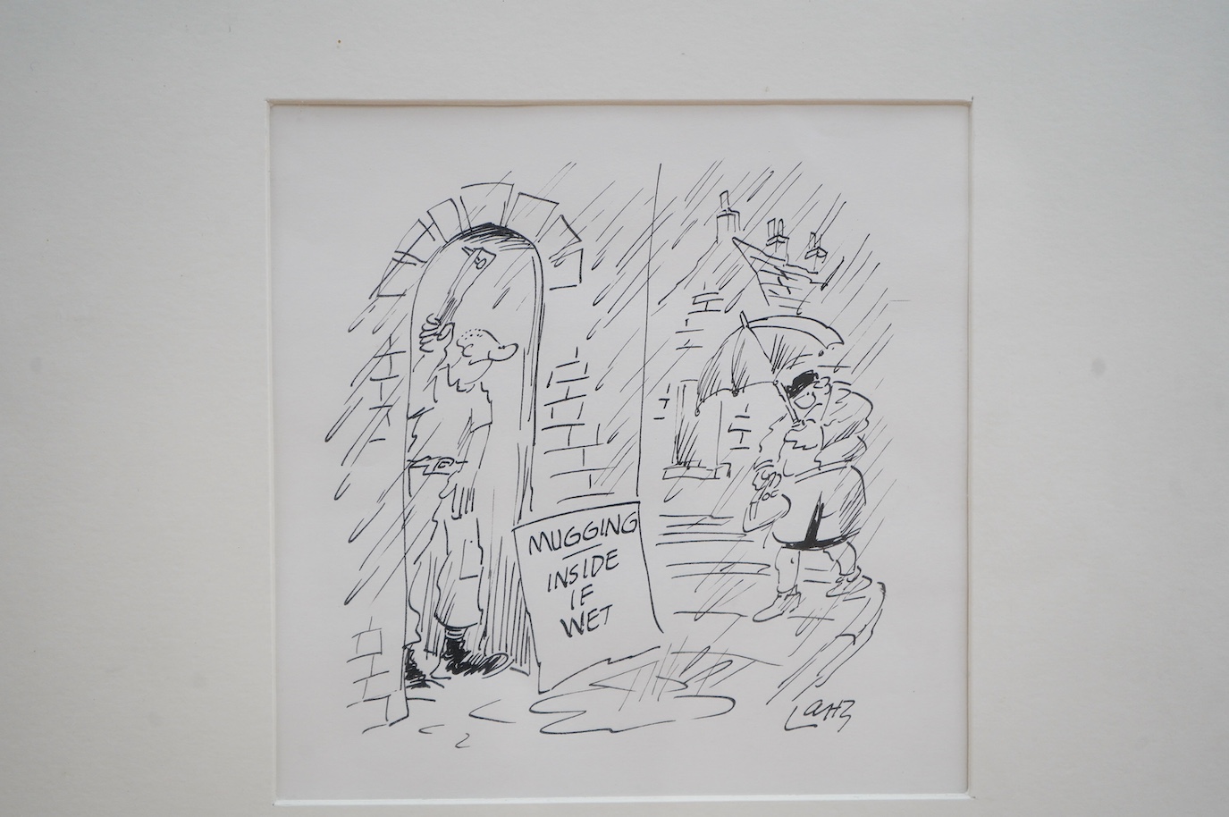 Larry (Terence Parkes, 1927-2003), original pen and ink cartoon, 'Mugging inside if wet', signed, 17.5 x 17.5cm. Condition - good